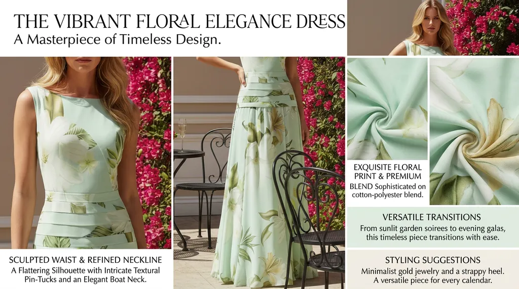 Elegant boat neck sleeveless maxi dress featuring a vibrant floral print and flattering A-line silhouette. Crafted from a comfortable cotton-polyester blend, this versatile piece transitions seamlessly from casual daytime wear to evening occasions. The timeless design and flowing skirt create a graceful, feminine look perfect for any season. Material:Cotton+Polyester 结合图片及商品说明，为我生成一张跨境商品详情页，不涉及尺码和价格，仅进行设计方面和美感方面的夸奖，语言为英语